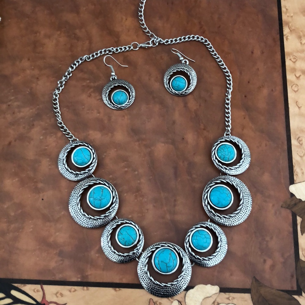 Turquoise and silver necklace and earring set